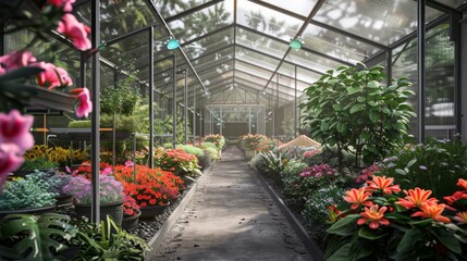 Aufkleber - A well-maintained greenhouse filled with colorful flowering plants and greenery, showcasing a vibrant path lined with various blooms.