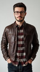 Wall Mural - A man in a brown leather jacket and glasses poses for a photo