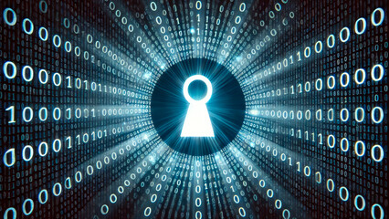 digital encryption: glowing keyhole with binary code