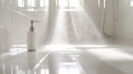 Wall Mural - A bottle of hand soap sits on a bathroom floor