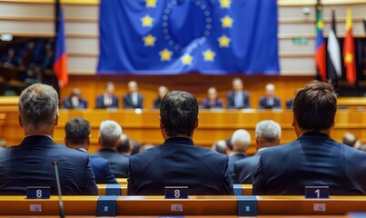 Back view of politicians with European Union flag backdrop.