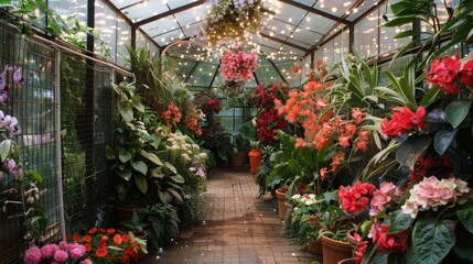 Aufkleber - A tranquil greenhouse pathway filled with colorful flowers and greenery, illuminated by soft twinkling lights.