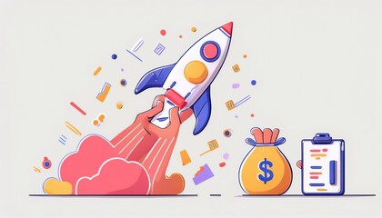 rocket take-off and bag of money on green background, startup concept, 3D illustration