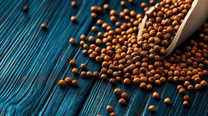 Poster - Coriander seeds scattered on a textured blue wooden surface with a wooden scoop tipped over