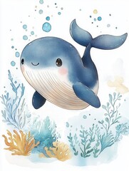 Wall Mural - A cartoon whale is swimming in the ocean with a smile on its face