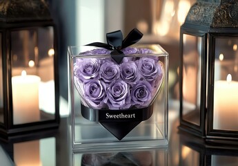 Poster - A bouquet of purple roses in a clear box with a black ribbon