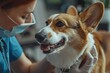 © Divyesh - Cute corgi dog being examined at the clinic, doctor checking pet's teeth during checkup. Veterinary medicine concept, Generative AI
