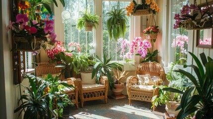 Aufkleber - A bright conservatory showcases vibrant orchids and potted plants, creating a tranquil space with wicker chairs for relaxation.