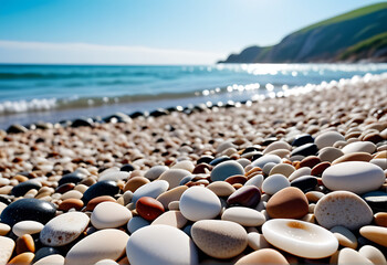 Wall Mural - natural pebbles beach foamy sea clear sky