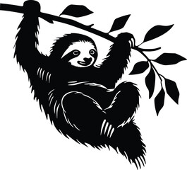 Sloth silhouette, sloth art silhouette logo icon design black and white, black silhouette of Sloth on the branch illustration icon for logo, isolated on white background.