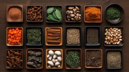 Canvas Print - Assorted herbs, spices, and ingredients in wooden and black bowls arranged neatly on a wooden surface.