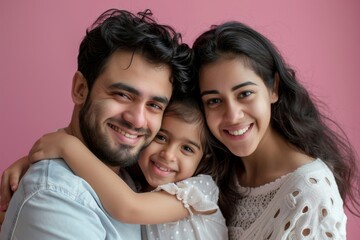 Portrait of young family of three, father, mother and pretty daughter smiling at camera, girl touching cheeks of her parents, pink background, Generative AI