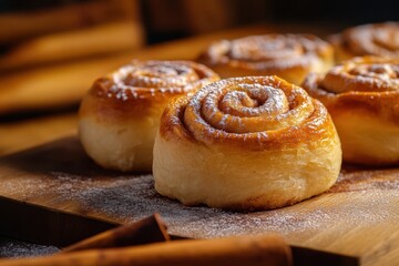 Wall Mural - A close up of a cinnamon roll with powdered sugar on top