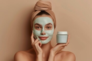 Young beautiful European woman with facial mask on her face holding jar or natural cream, posing over beige background, recommending skincare product, Generative AI