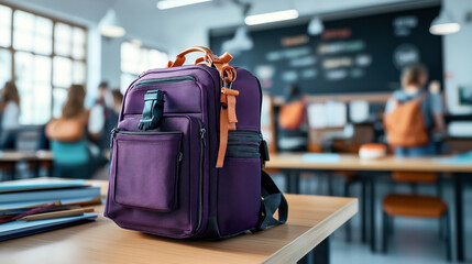 Sticker - Purple backpack on a desk in a classroom with students in the background. The backpack has multiple compartments and orange accents.