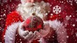 © TheWaterMeloonProjec - Santa holding Christmas ornament on red snowflake backdrop