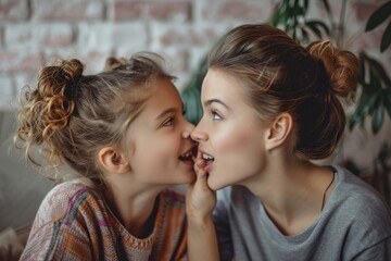 Mother enjoy time gossiping with daughter, girl whispering in ear of happy mom, teenager girl chatting with mummy. Concept of trustworthy relations, Generative AI