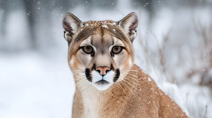 Close-Up of a Mountain Lion in Snowy Landscape