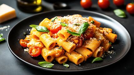 Poster - Black plate with rigatoni pasta topped with cherry tomatoes, grated cheese, and fresh basil leaves, on a dark background.