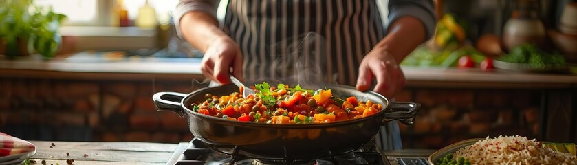 A cozy kitchen scene with a person stirring a pot of vegetable curry with vibrant spices, served with brown rice, high detail