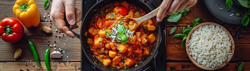 A cozy kitchen scene with a person stirring a pot of vegetable curry with vibrant spices, served with brown rice, high detail