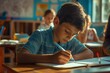 © Divyesh - Latin guy writes in exercise notebook and listening teacher, taking notes or writing test. Group of children working diligently and learning, Generative AI