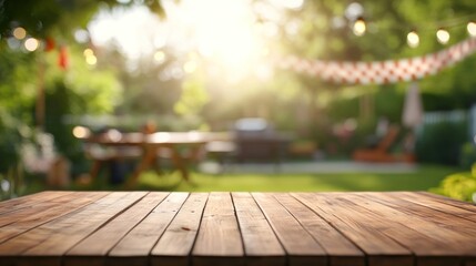 Wooden Tabletop with Backyard Blurred Background