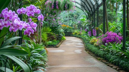 Aufkleber - A peaceful pathway winds through a tropical garden filled with vibrant orchids and lush greenery, creating a tranquil atmosphere.