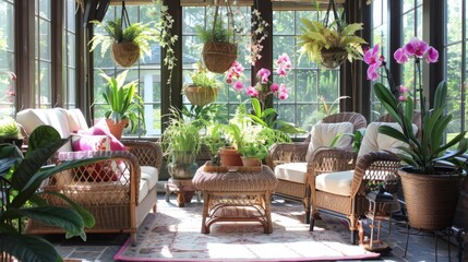 Poster - A sun-soaked room brimming with greenery features wicker furniture, hanging plants, and vibrant orchid blooms, creating a tranquil and inviting atmosphere.