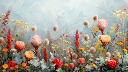 Poster - Vibrant Wildflowers Blooming in a Serene Meadow Under a Soft Blue Sky