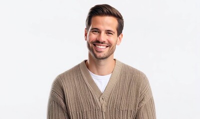 Poster - Medium shot portrait video of a satisfied man in his 30s that is wearing a chic cardigan against a white background