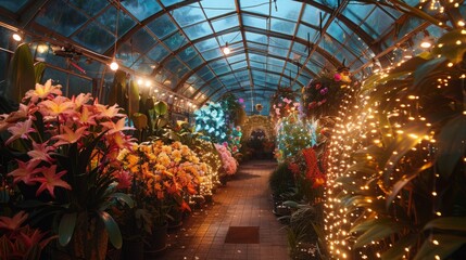 Aufkleber - A lush glasshouse filled with colorful flowers illuminated by twinkling lights as dusk settles, creating a magical atmosphere for visitors.