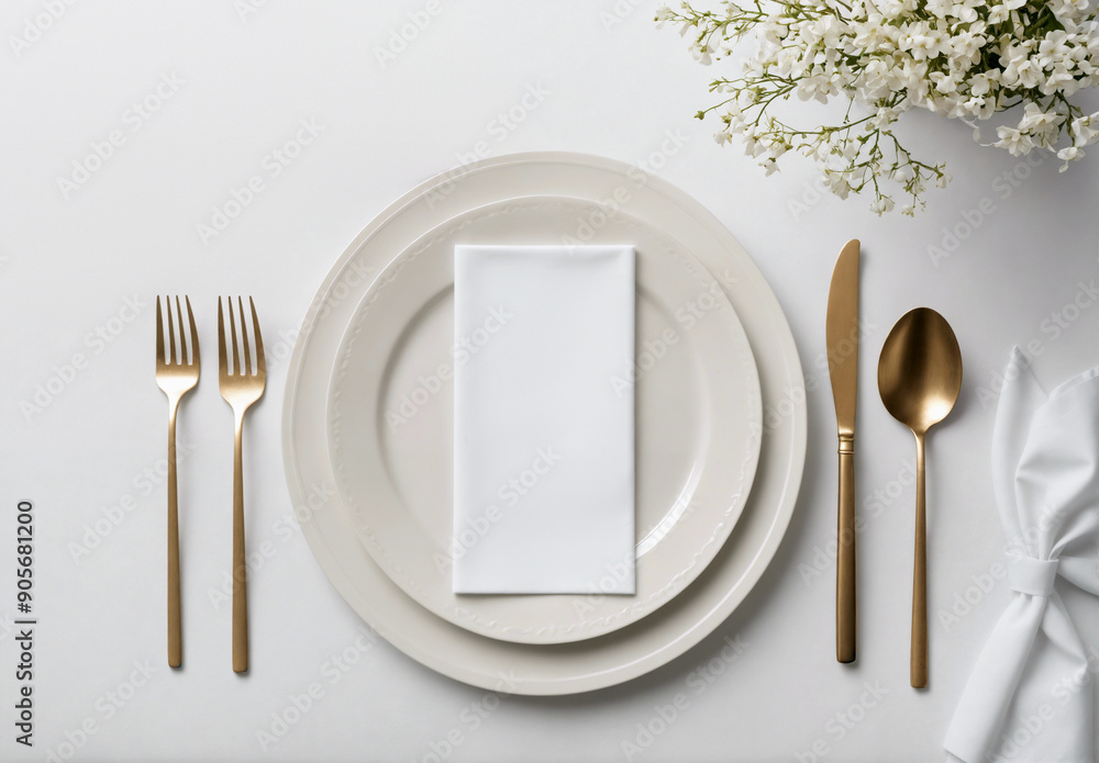 Elegant dining table setting with blank white menu mockup laying on ...