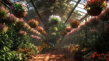 Aufkleber - Sunlight streams through a botanical conservatory adorned with vibrant hanging plants, creating a serene and magical atmosphere.