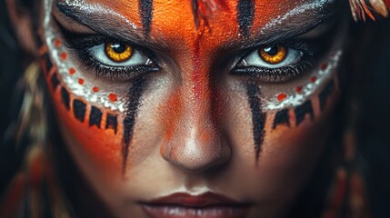 Wall Mural - Festive Halloween Makeup with Watercolor Tribal Patterns in Symmetrical High Contrast - Autumn Colors Fill Light Inspiration