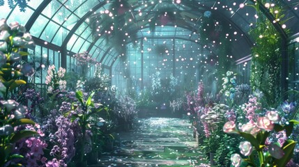 Aufkleber - A vibrant greenhouse filled with colorful flowers, illuminated by soft sunlight, creating a serene atmosphere.