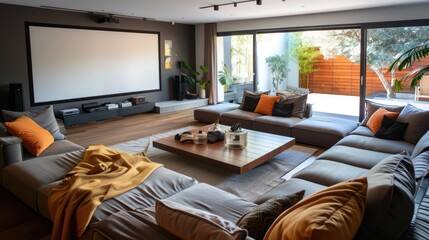 A contemporary suburban living room with a modular sofa, a low coffee table, and a projector screen for movies.