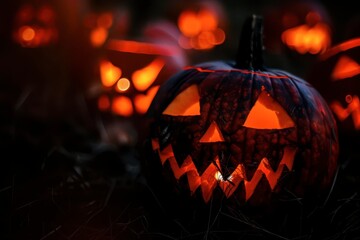 Wall Mural - Glowing Jack-o'-Lanterns in a Dark Field During Halloween Night