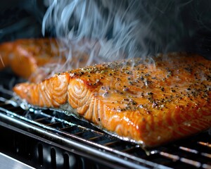 Gas Smoker: Cooking Fresh Salmon Fillet on a BBQ Grill - Close-up View