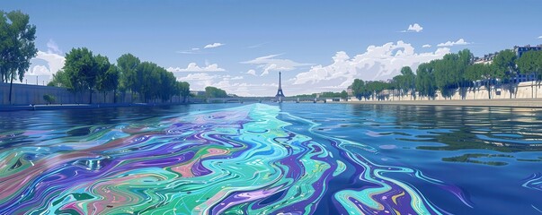 Paris river with sewage pollution, Eiffel Tower in the background.