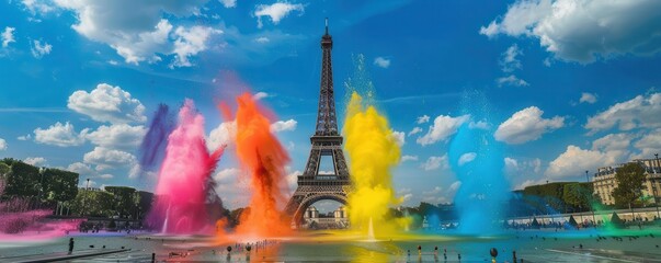 Wall Mural - Paris under explosion of vibrant colors, Olympic Games preparation.