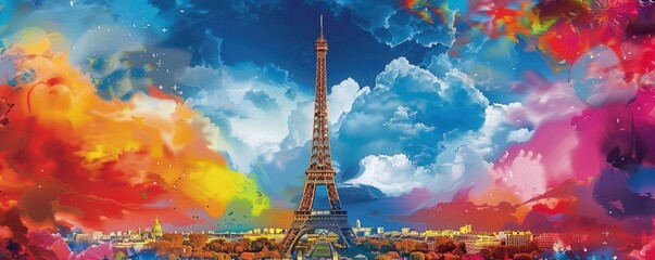 Paris under explosion of vibrant colors, Olympic Games preparation.