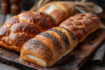 Wall Mural - Artisan Breads on Wooden Board With Garnishes in Cozy Bakery Setting