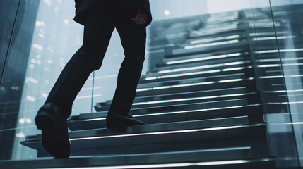 Poster - Businessman climbing glass stairs in modern office building
