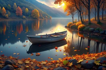 A serene autumn morning on a still lake with a small rowboat and falling leaves