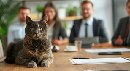 Calm Cat in Business Meeting Setting -Office Pet Stock Photo with Professional People in Background