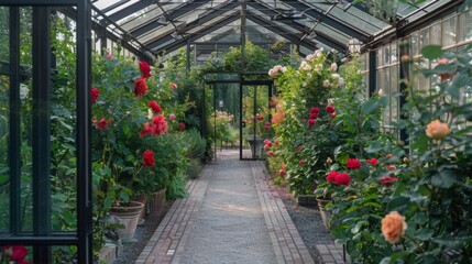 Aufkleber - A vibrant pathway lined with blooming roses and lush greenery stretches through a tranquil greenhouse.
