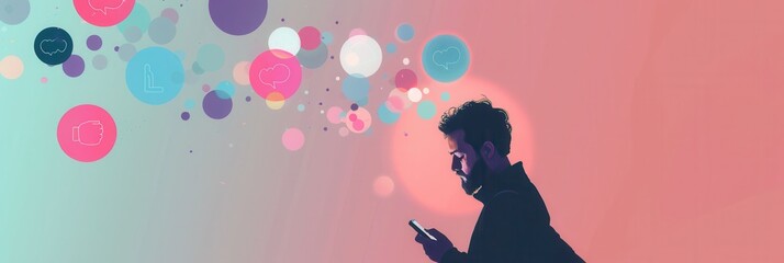Aufkleber - A man interacts with his smartphone, surrounded by vibrant social media icons representing likes and comments in a digital setting. Generative AI