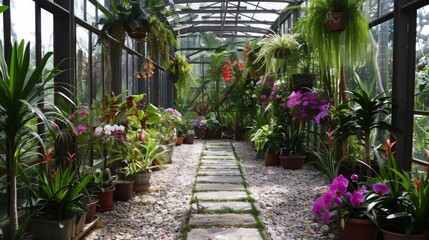 Aufkleber - A tropical greenhouse showcases a variety of colorful orchids and lush green plants lining a stone pathway, illuminated by natural daylight.
