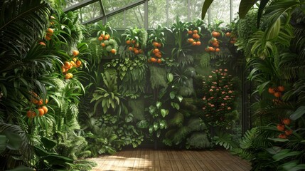 Aufkleber - A vibrant indoor garden features lush greenery and orange trees, illuminated by gentle morning sunlight streaming through the greenhouse walls.